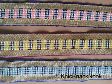 Blue, Silver And White Trim With FlatBack Beads Lattice On Velvet Fabric Trim, Approx. 50mm wide - 200317L212